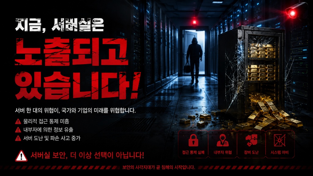 지금, 서버실은 노출되고 있습니다. 서버 한 대의 위협이 국가와 기업의 미래를 위협합니다. 물리적 접근 통제 미흡, 내부자에 의한 정보 유출, 서버 도난 및 파손 사고 증가 — 서버실 보안, 더 이상 선택이 아닙니다.